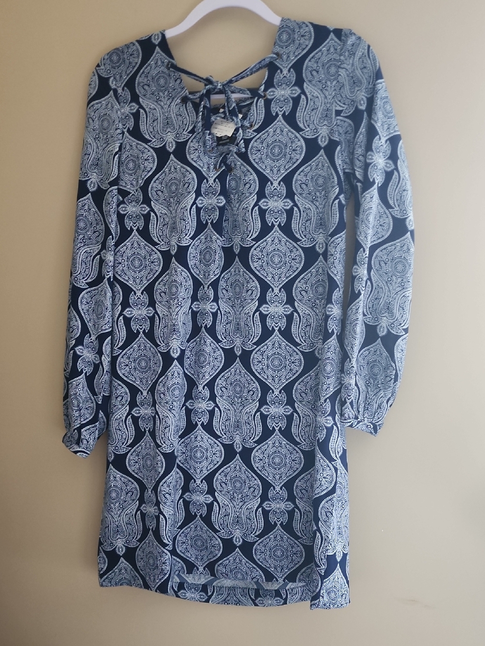 Long Sleeve Navy Paisley Print Dress